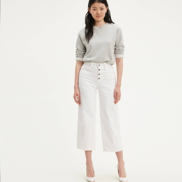 LEVIS Mile High Wide Leg, Crop Pant Button Fly, Off White, Stretch, Womens 32 - Picture 2 of 9